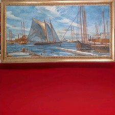 quadro dipinto a olio su tela barche a vela con cornice stile antico argento 