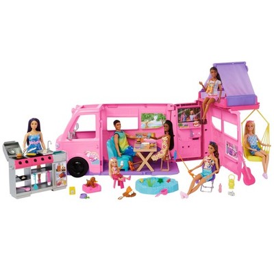 Mattel HRJ78 Barbie Dream Camper Playset with Roof Tent, BBQ Grill with