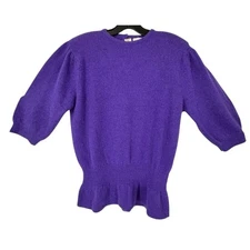 Vintage 80s Angora Sweater Purple Peplum Puff Sleeve Cottagecore Medium NEW