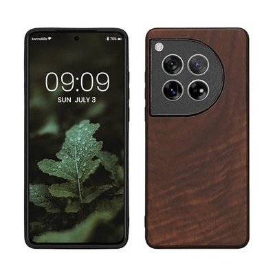 OnePlus 12 Real Wood Case - Hard Wooden Cover with TPU Bumper, Dark Brown