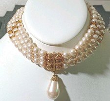 Victorian Revival Glass Pearl Filagree Gold Tone Beaded Vintage Choker Necklace