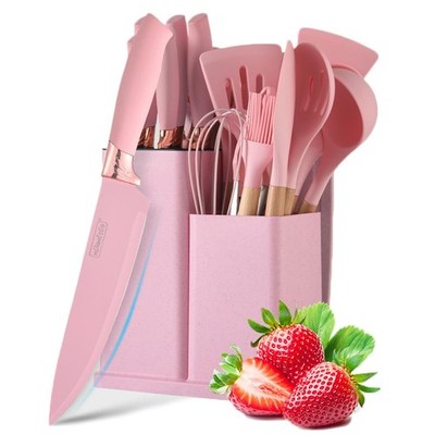 19 PCS Pink Silicone Kitchen Utensil Knife Set Wood Handle Heat Resistant Tool