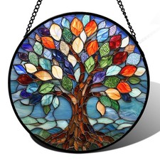 Stained Glass Window Hanging, Colorful Tree of Life Sun Catchers Glass Panel ...