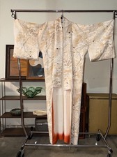 Vintage Kimono Silk Robe Japanese Floral Gold Ivory Showa Era