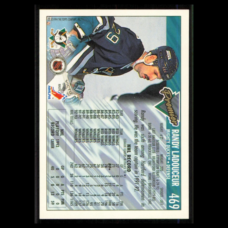 Randy Ladouceur #469 1993 Topps Premier Anaheim Mighty Ducks Hockey Card NHL NM - Image 2 of 3