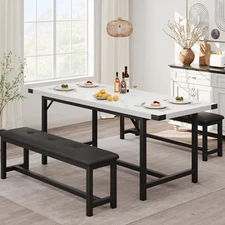 3-Piece Dining Table Set for 4-6 People, Table with 2 Benches Marble White