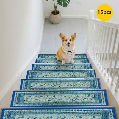 15pcs of Light Blue Solid Color Patterned Stair Mats, Non-Slip Stair Carpets,