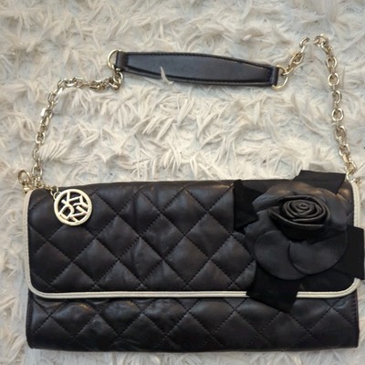 DKNY Flowered bag Purse black color white trim soft leather chain quilted 