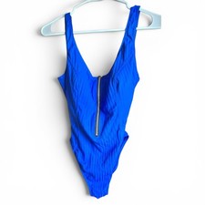 VTG M La Blanca One Piece Swimsuit Cobalt Blue Ribbed Crinkle Zip Front High Cut