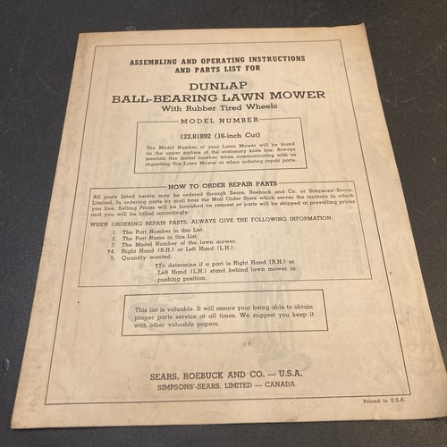Dunlap Ball Bearing Lawn Mower 122.81892 Operating Instructions & Parts List Vtg