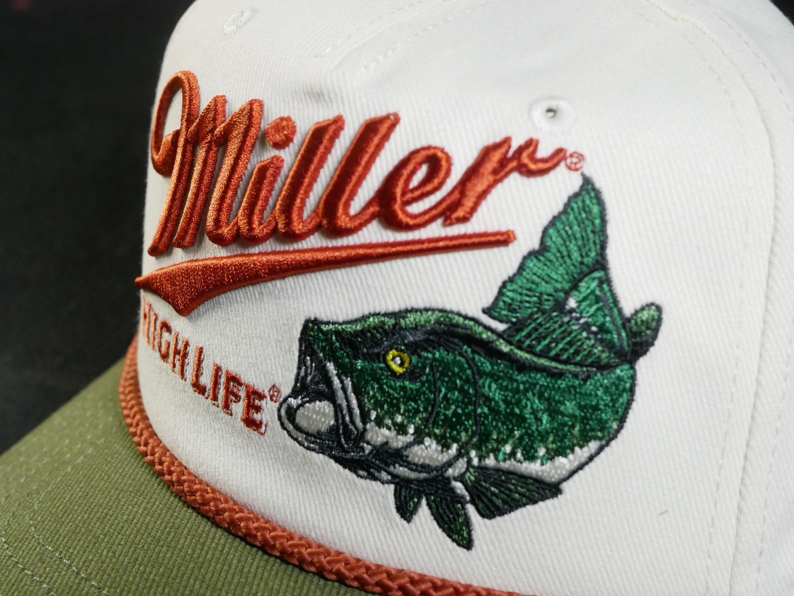 Miller High Life Trout Snapback Fishing Beer Trucker Rope Hat NWT - MADE IN USA