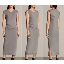 ALLSAINTS Gamma Grey Sleeveless Ruched Midi Dress Size 2 Travel Formal Wear