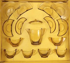 Akro Agate Tea Set in OB Play Time Glass Dishes Topaz 2000 16 Pc Vintage NICE