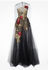 Oscar De La Renta Floral Embroidered Long Tulle Dress In Black Size US6/UK8 NEW
