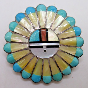 Zuni Verdel & Esther Niiha sterling Sun face pendant brooch turquoise MOP coral