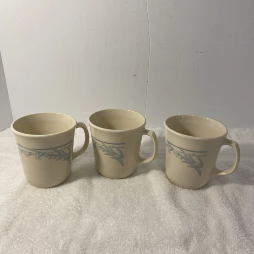 Set Of 3 Vintage Blue Lily Corning Ware Beige & Blue Floral Coffee Tea Cup Mug