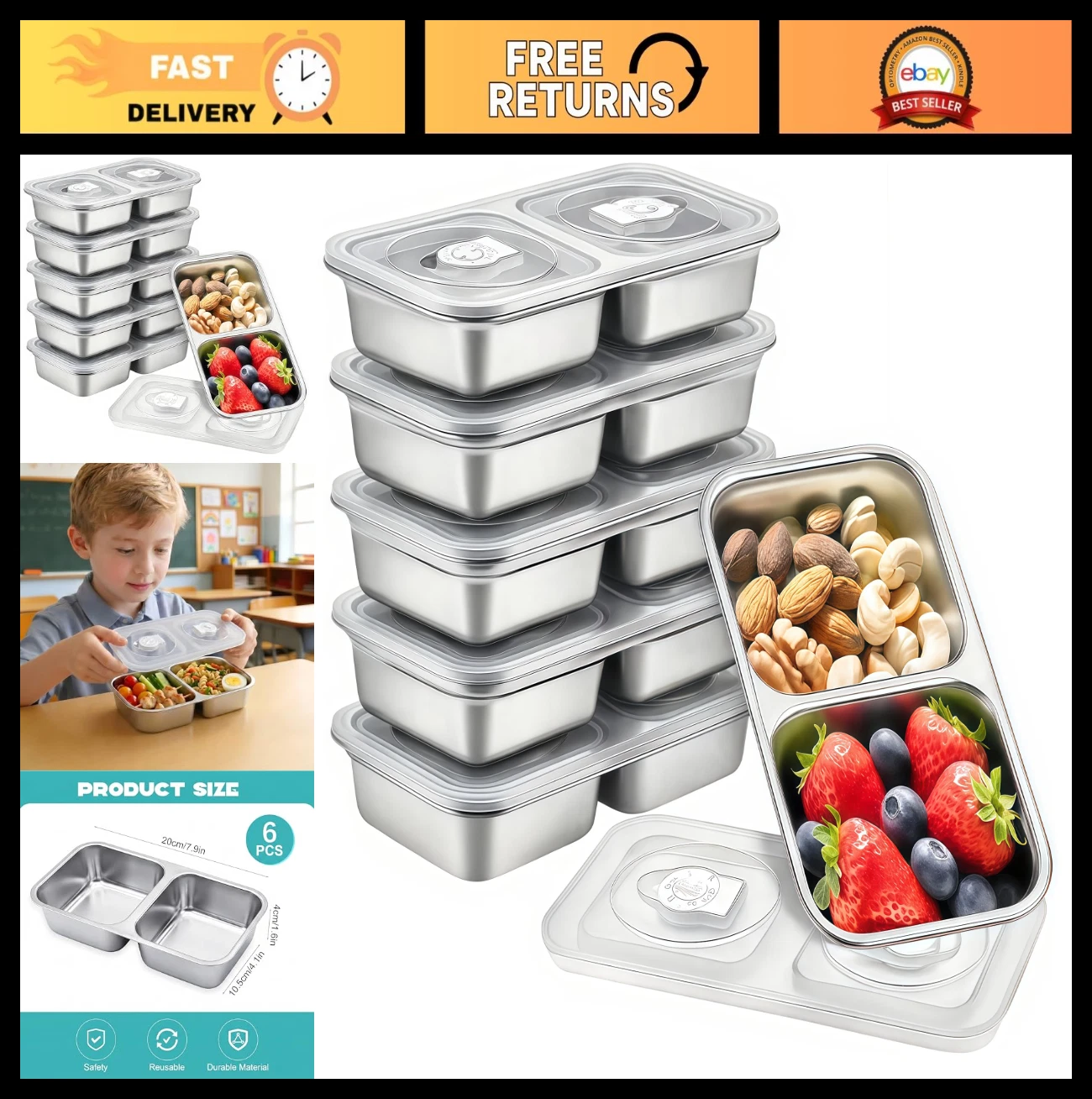 6 Pack Stainless Steel 2-Compartment Snack Containers with Leak-Proof Lids