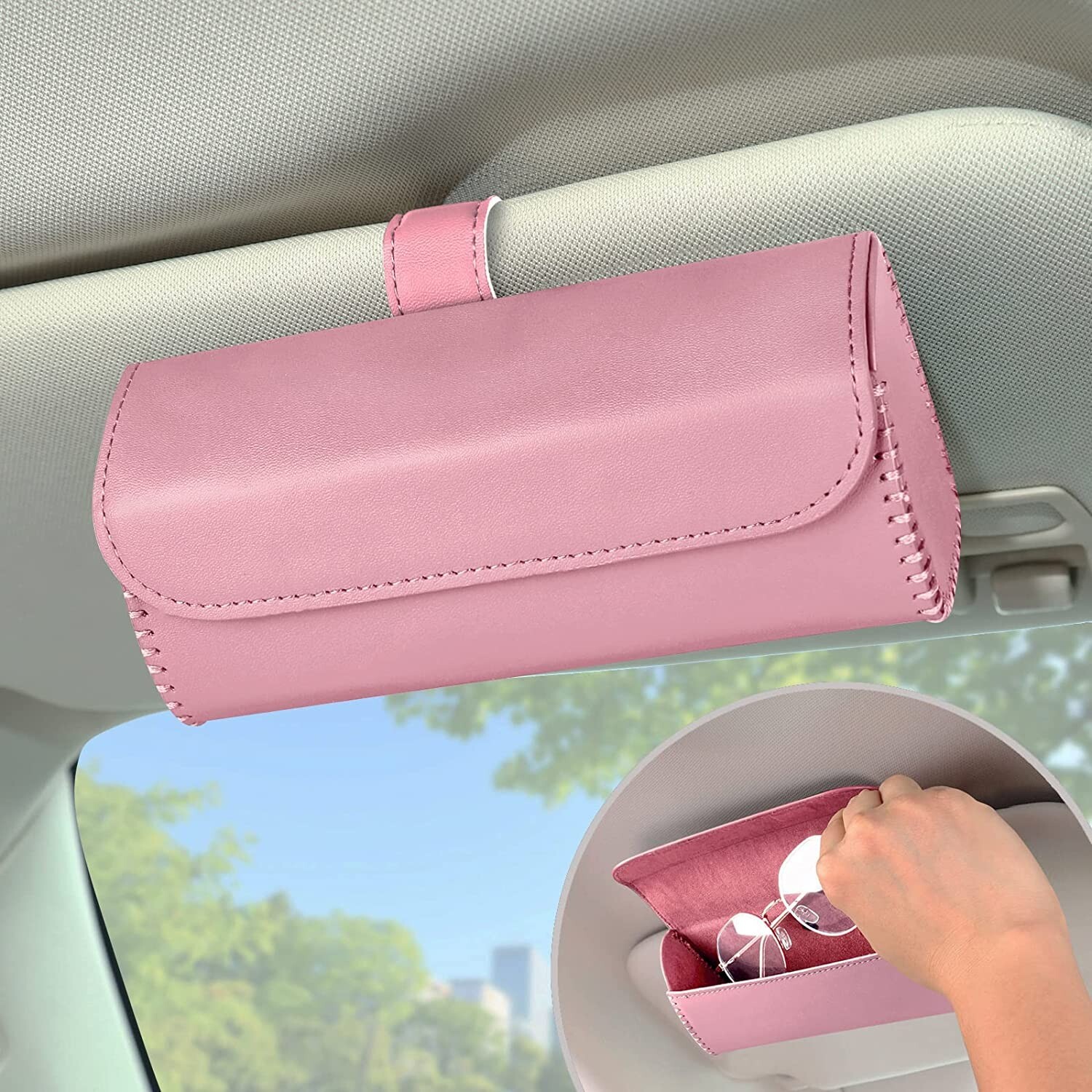 Pink Sunglasses Holder for Car Sun Visor Clip, Glasses Case Organizer