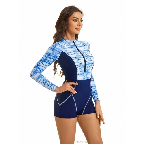 Women's Long Sleeve Swimwear Rash Guard UV Protection One Piece Surfing Swimsuit - Picture 14 of 25