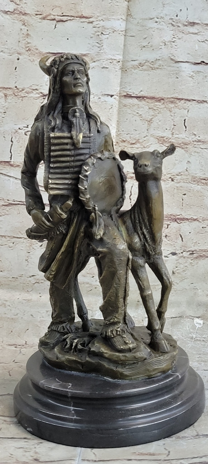 Original Signed Native American Warrior w/ Deer Bronze Sculpture Figurine Figure