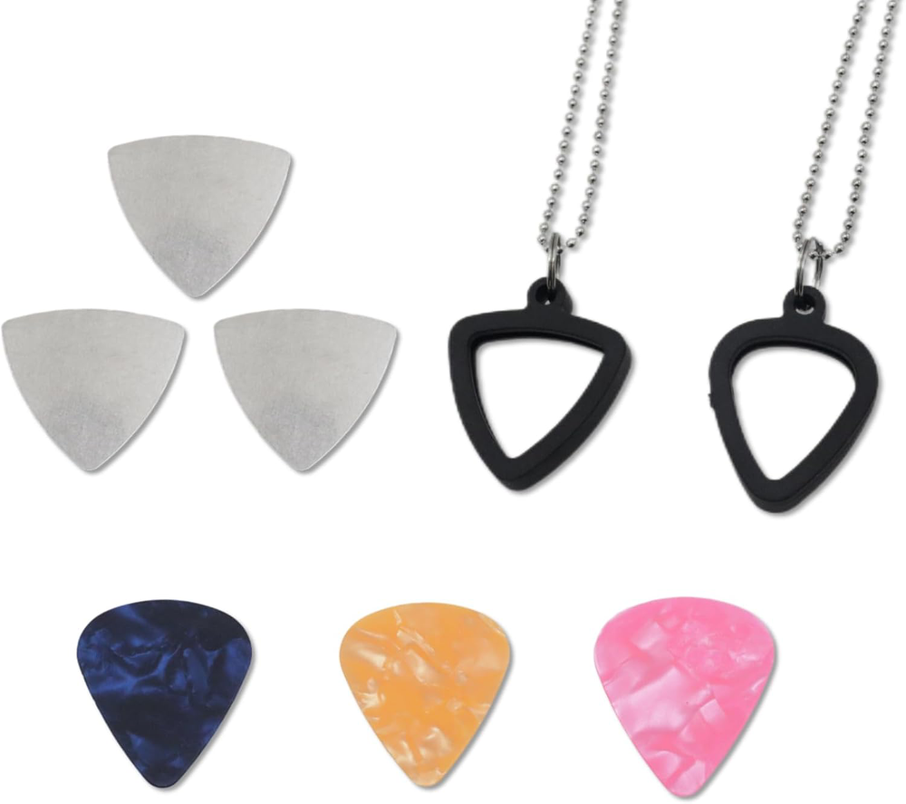 Colorful Guitar Pick Holder Necklace Set for Electric & Bass