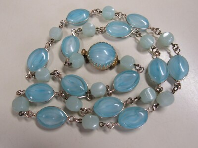 Vintage Aqua Blue / Teal Lucite? Beaded Necklace  Slide Clasp West Germany- 24''