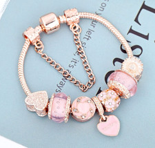 Rose Gold Plated Charms Bracelet Come With Pink Murano Charms Mother's Gifts UK 