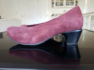 burgundy low block heels