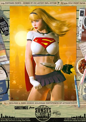 Linda Danvers Supergirl SEXY DC Comic Signed A3 Print Sunset City Superman Hero