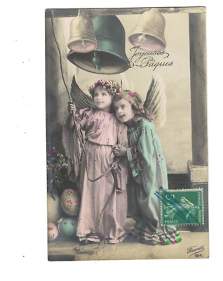 SA3153 LITTLE EASTER ANGELS RINING THE BELLS HOLY RELIGION RPPC HAND. COL
