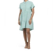Tahari 100% Linen Tiered Collared Cap Sleeve Dress XL Seafoam Green