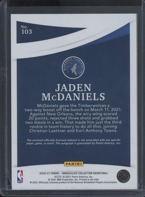 2020-21 Panini Immaculate Jaden McDaniels #102 RC Rookie Jersey