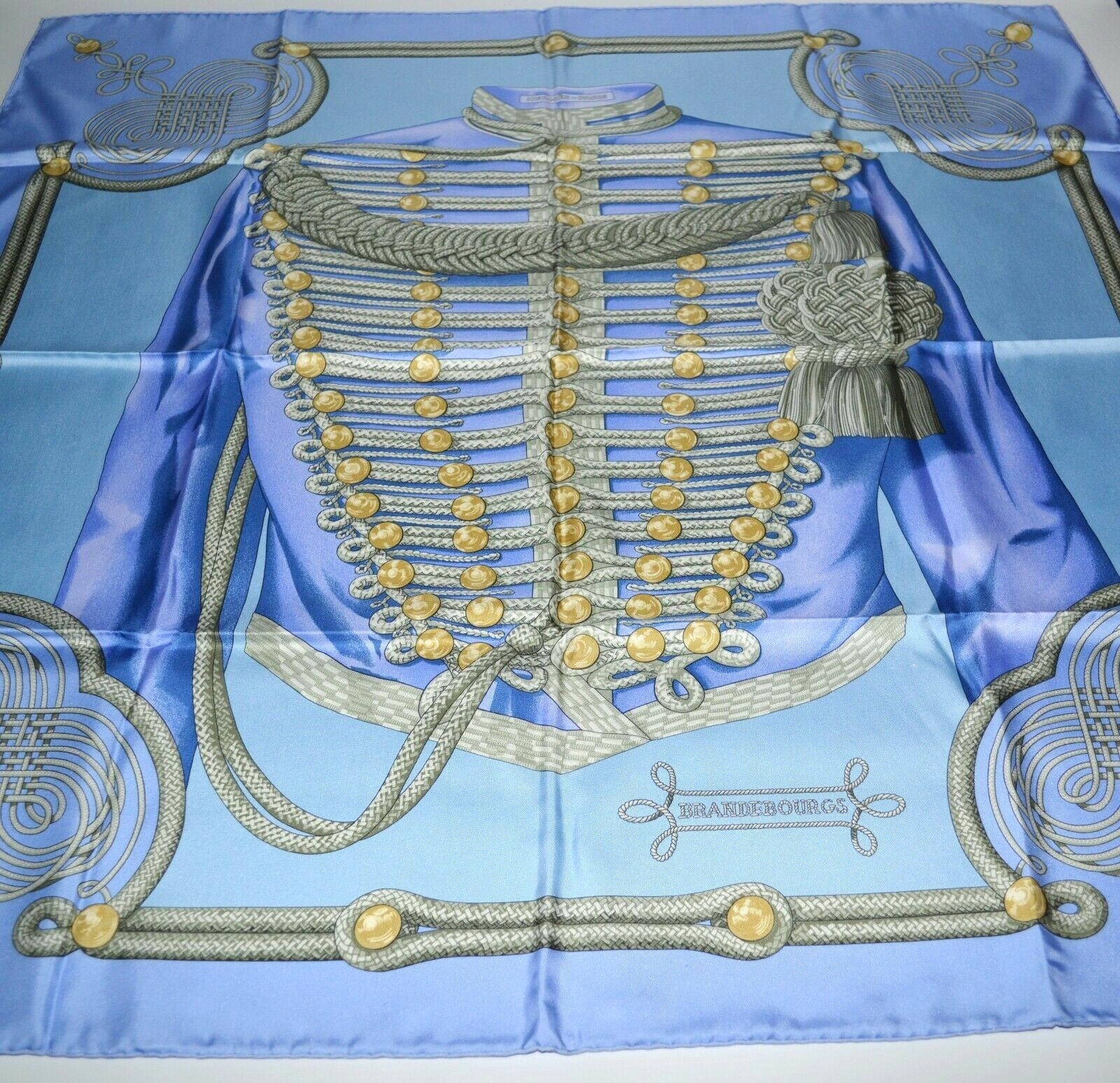 HERMES SILK SCARF BRANDEBOURGS POWDER BLUE 90CMS AUTHENTIC PREOWNED RARE image 4