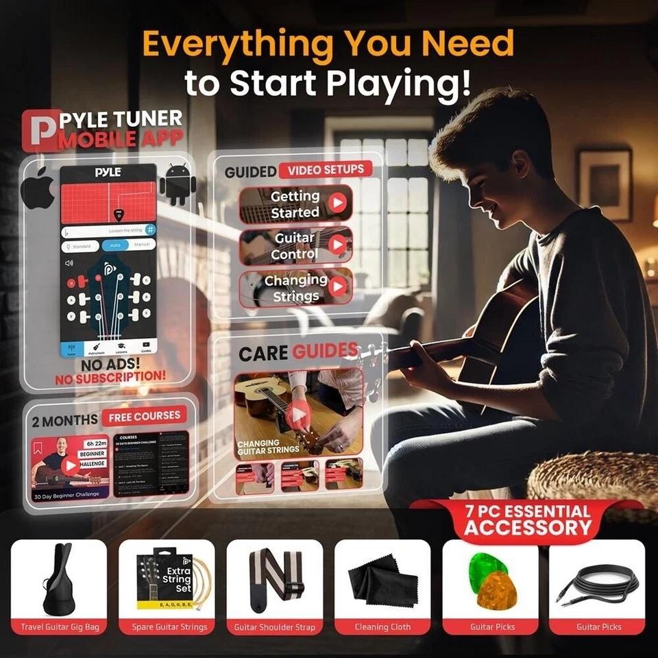 Pyle 40” Inch 6-String Electric Acoustic Guitar -W/Digital Tuner & Accessory Kit - Image 2 of 4