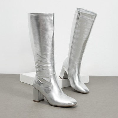 Women Square Toe Low Chunky Block Heel Gogo Boots Zip Up Knee High Boots