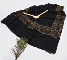 Indian Vintage Black Shawl Pure Woolen Handmade Suzani Long Throw Stole Warm