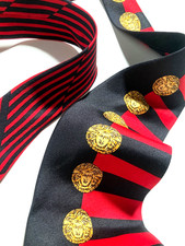 GIANNI VERSACE VINTAGE '90s MEDUSA HEAD MEDALS TIE MODERN STRIPED ITALY RED