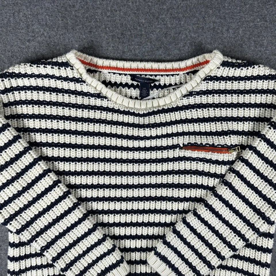 Tommy Hilfiger Mujer Suéter Tejido a Rayas Grande Blanco Azul Marino Naranja Cálido Acogedor Foto 4 de 4