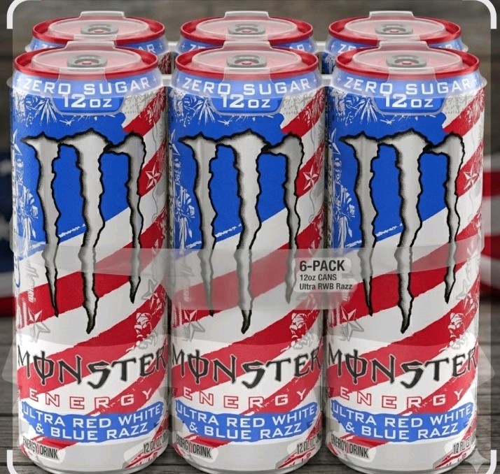 MONSTER ENERGY-ULTRA RED WHITE & BLUE RAZZ-ZERO SUGAR [6-12OZ CANS] LTD EDITION