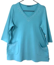 Quacker Factory Womens Tunic Teal French Terry Rhinestones Embellished Sz XL