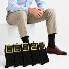 6 12 Pair Mens Premium Classic Ribbed Crew Dress Socks Solid Black Cotton Blend