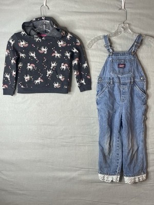 Girls Lot of 2 Size 4T Jumping Beans Hoodie & Old Navy Jean Overalls Lace Trim