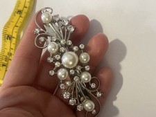 Vintage Simulated Pearl Clear Rhinestone Ornate Silver Tone Hair Barrette