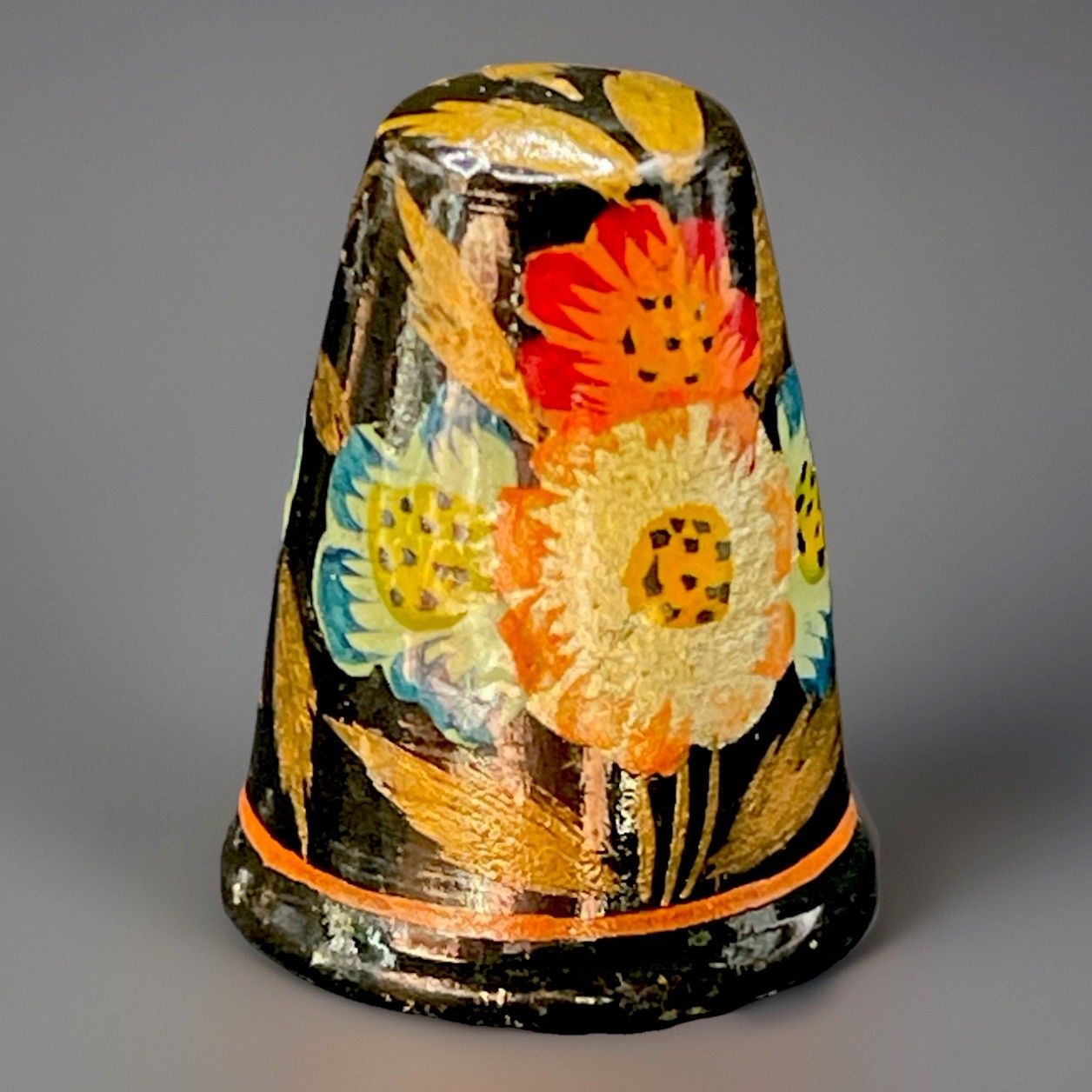 Vintage Russian Black Floral Lacquer Wooden Thimble #395