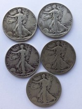 LOT OF 5  SIIVER  WALKING LIBERTY HALF DOILARS 90 
