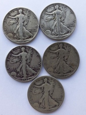 LOT OF 5 **SIIVER** WALKING LIBERTY  HALF DOILARS 90%