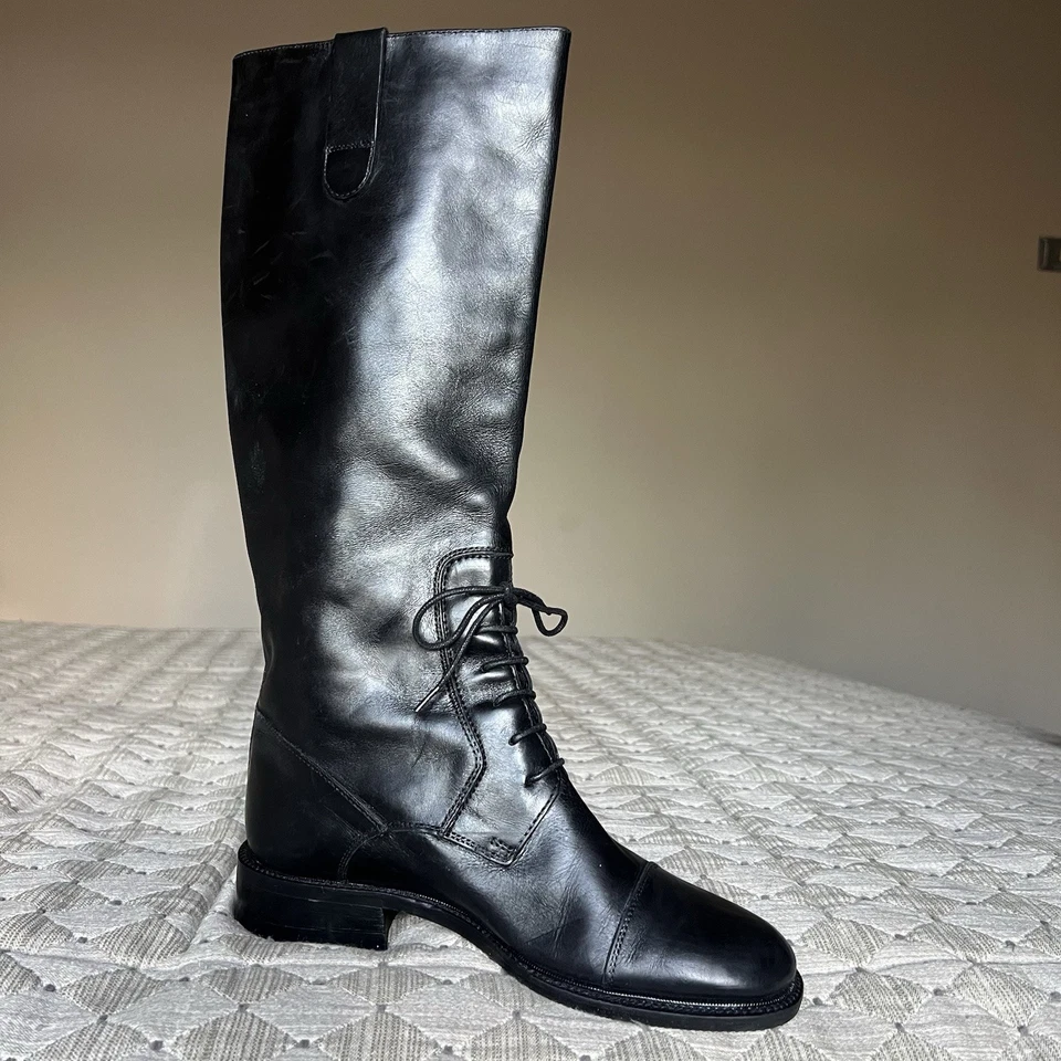 Bota alta Joan & David de cuero negro con cordones parciales hasta la rodilla para mujer EE. UU. 6 Italia Foto 3 de 4