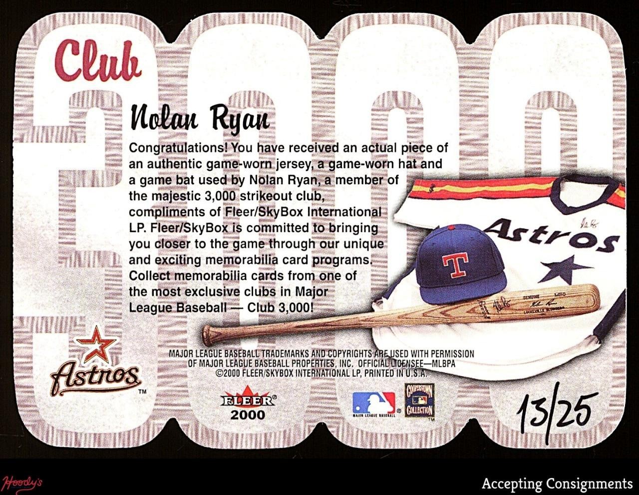 2000 Fleer Club 3000 Memorabilia Triple Nolan Ryan GAME USED JERSEY BAT HAT /25 view 2