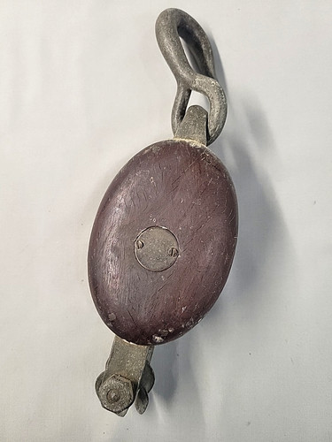 Vintage Block Tackle Wooden Brass Steel Pulley Single Rope Rustic Barn Industria