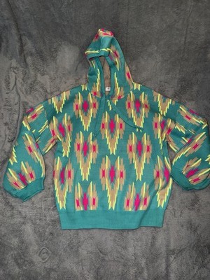 Crazy Train Womens Teal Aztec Geometric Pattern Knit Sweater Hoodie Boho XL